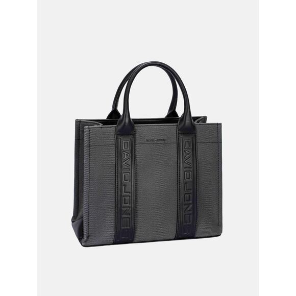 David Jones Contrast Leather Handles Zipper Closure Canvas Tote Handbag | Black - Picture 2 of 6